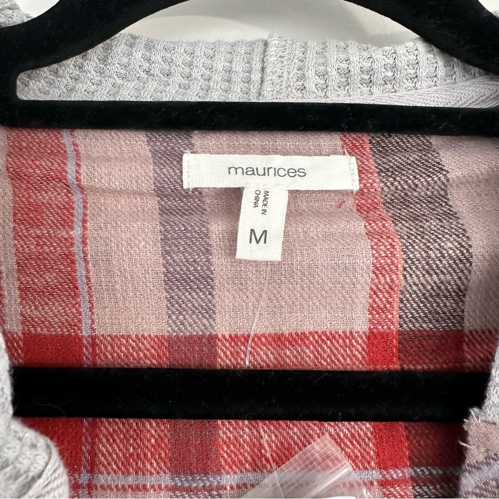 NWT Maurices Red and Brown Button Down Flannel Grey Hoodie Size Medium - Picture 5 of 6
